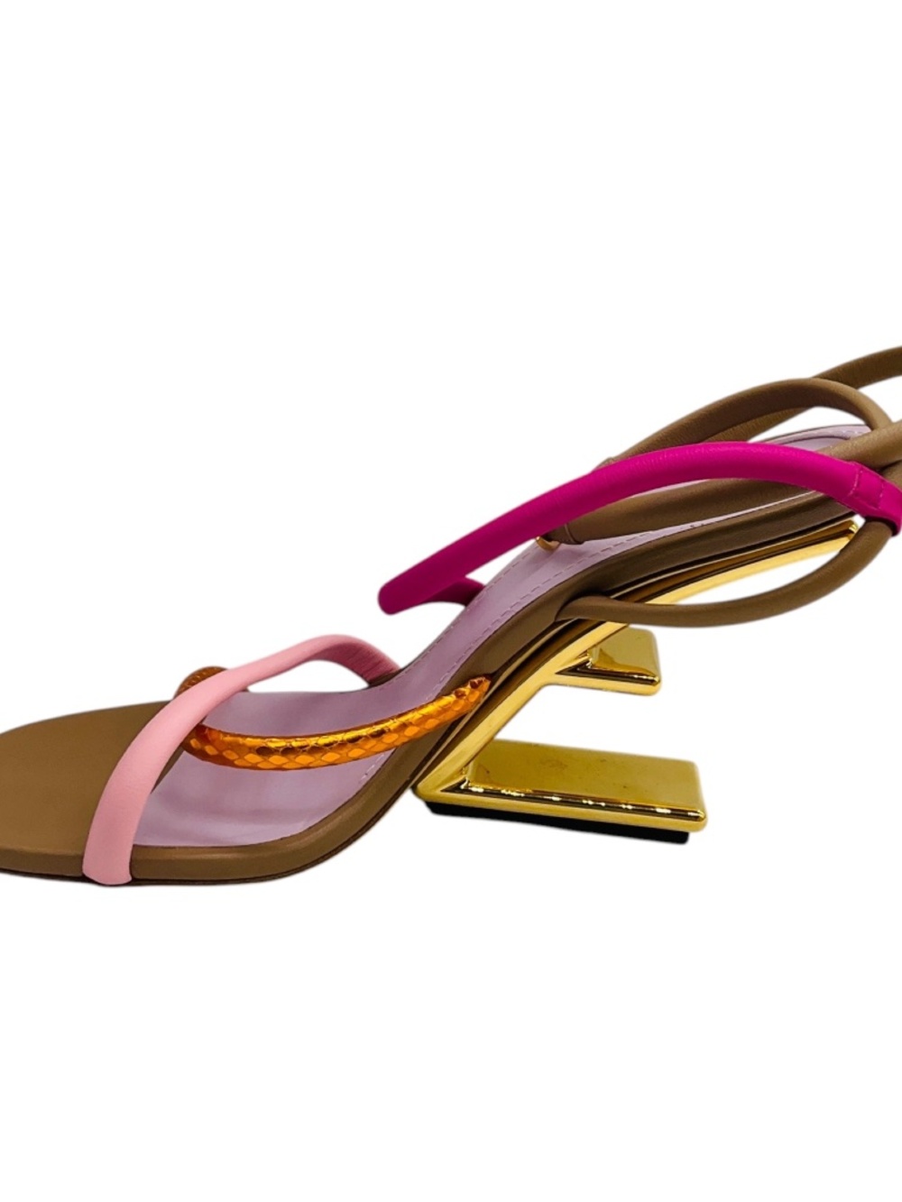 FENDI PINK / TAN MULTI FIRST F COLORBLOCK STRAPPY NAPA ARCHITECTURAL HEEL SANDAL - Picture 3 of 8